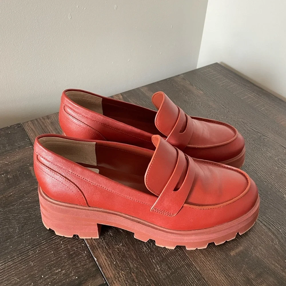 Marc Fisher 9.5 Latika lug sole penny loafer chunky platform burnt red/orange - Picture 16 of 16